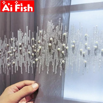 

High-end Luxury Embroidery Gray Tulle Curtains for Living Room White Pearls sequins Curtains Tulle for Bedroom Drapes M232C