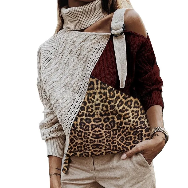 Леопардовый лоскутный свитер с высоким воротом, женские сексуальные с открытыми плечами, цветные вязанные свитера с рукавом летучая мышь, топы больших размеров - Цвет: Бургундия