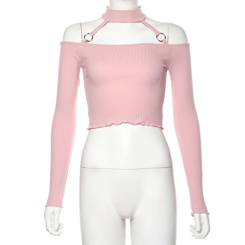 ArtSu/розовая черная футболка с открытыми плечами, топы для женщин, сексуальный короткий топ с длинными рукавами, базовая футболка, Femme, осень, ASTS21183