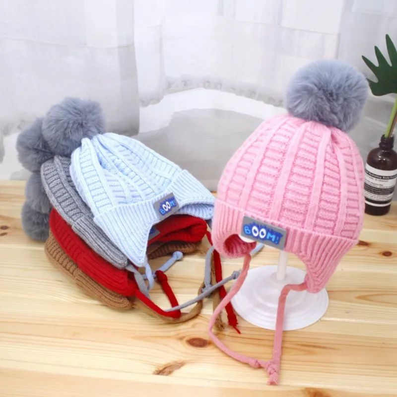 Autumn Winter Baby Boy Girl Hat with Pom Pom Cartoon Lace-up Children Kids Baby Bonnet Knitt Cap for 1-3 Years 5 Colors