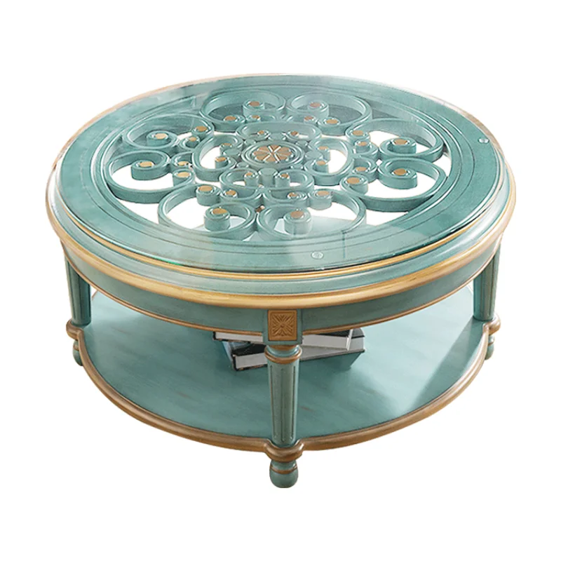 

TT Mediterranean Furniture Living Room Coffee Table American TV Cabinet Sofa Table round Table Vintage round Glass Coffee Table