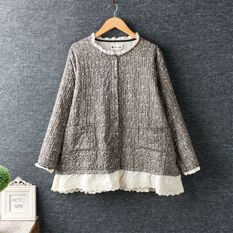 Fresh Sweet Style Little Floral Shirt Patchwork Crochet Hem Single Breasted Cardigan Loose Long Sleeve Autumn Blouses Chic Blusa