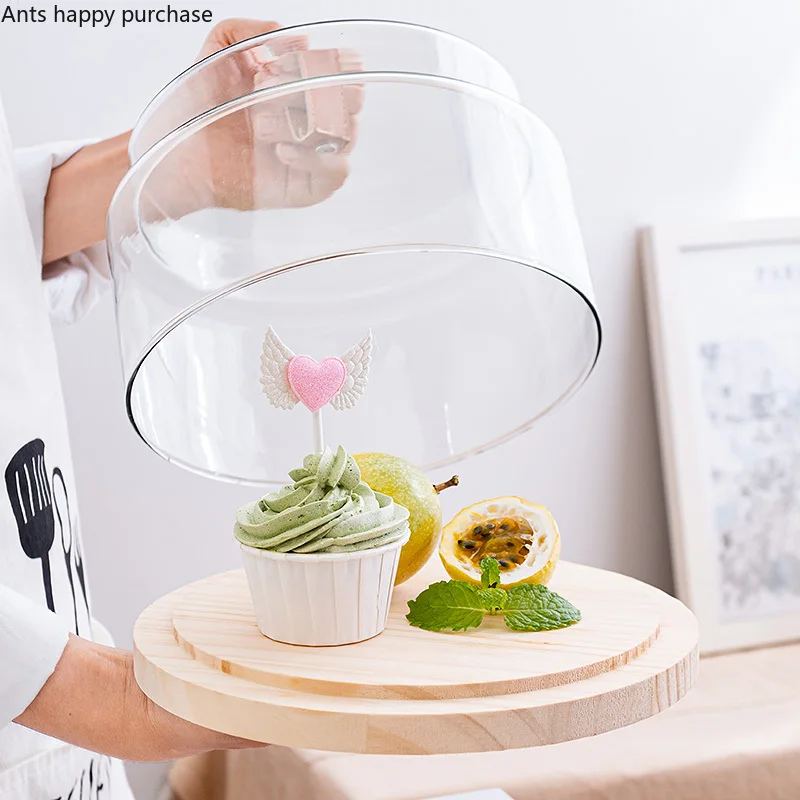 

Household Wooden Dessert Tray Cake Pan Dessert Table Prop Snack Tray Fruit Dish Glass Transparent Cover Shelf Set Cake Stand