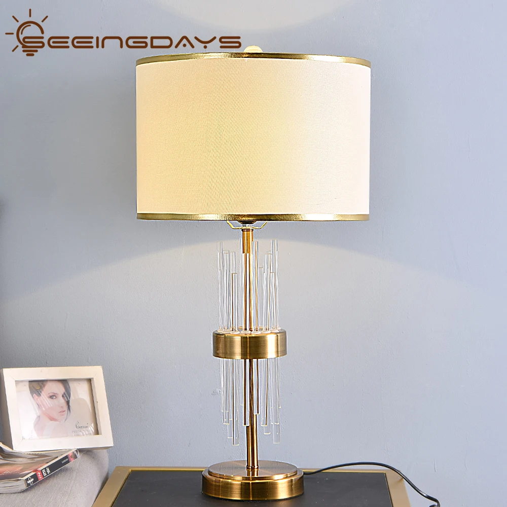 Buy 2 get 15% Off Clear Crystal Glass Stick Table Lamps For Bedroom Living Room Bedside Lamp Golden Lampshade EU Plug 110v 220v