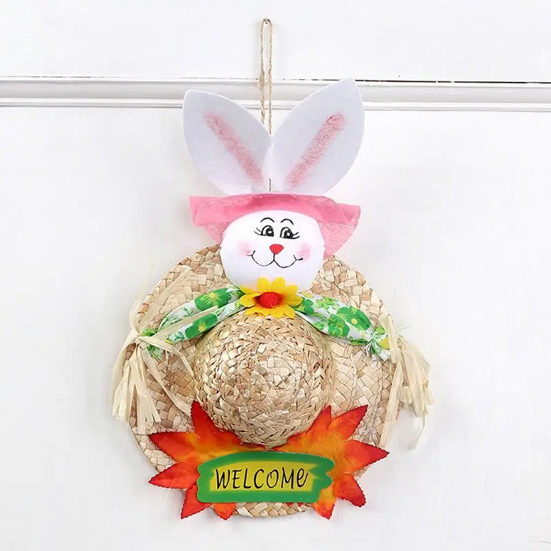 Creative Straw Hat Cute Rabbit Easter Door Hanging Wreath Home Wall Window Garden Decor Party Ornament Accessory Y4UE