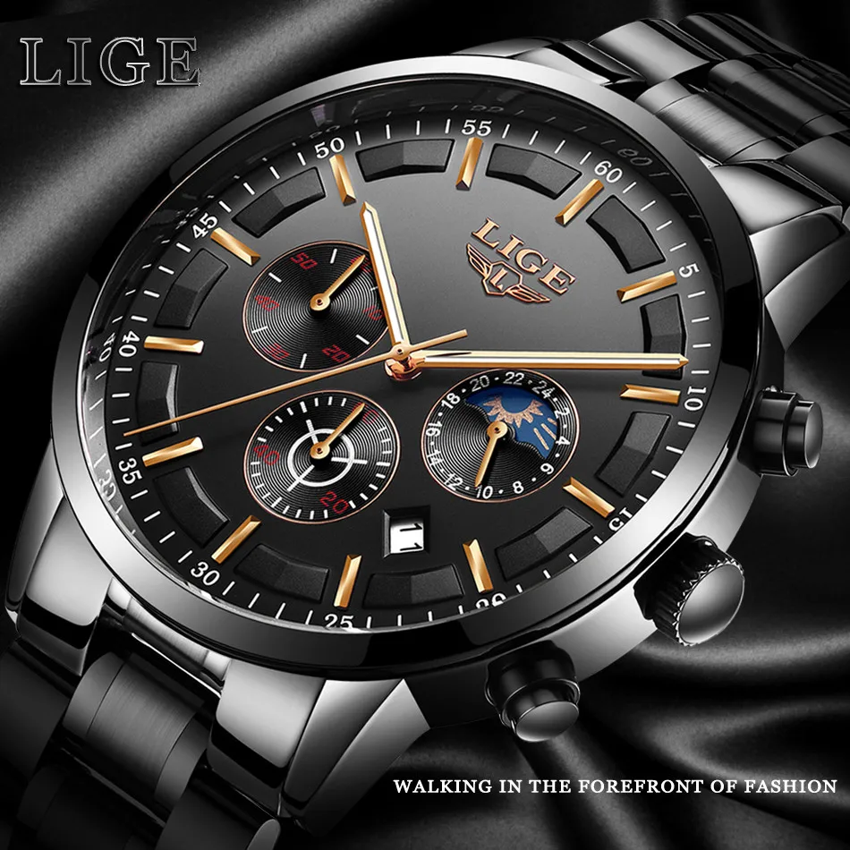 LIGE Moon Phase водонепроницаемый топ бренд хронограф дат кварцевые, армейские, спортивные ремешок из нержавеющей стали Роскошные мужские часы Reloj Hombre