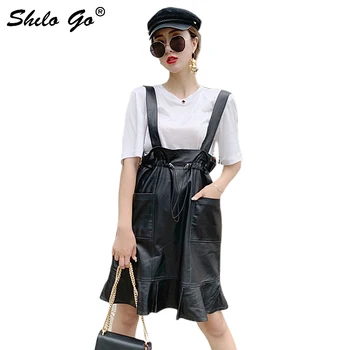 

Genuine Leather Skirt Black Ruffles Waist and Hem Drawstring Waist Pocket Front Skirt With Strap Women Autumn High Waist Skirts