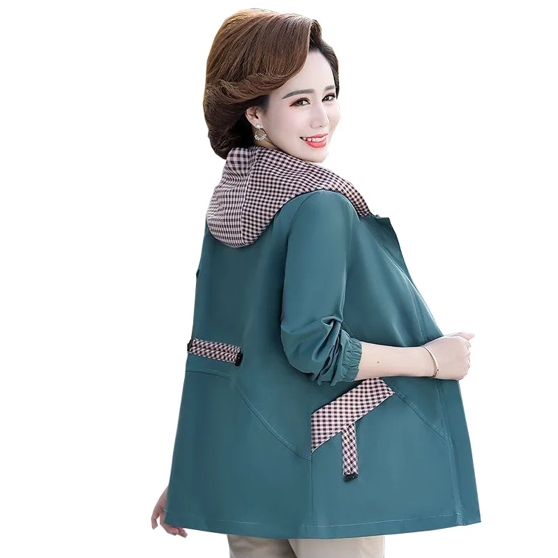 

2022 New Korean Trench Coat Women Middle-aged Elderly Spring Autumn Hooded Splicing Windbreaker Ladies Loose Overcoat Tops