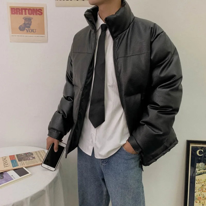 

Winter Leather Jacket Men's Warm Fashion Casual Black Short Leather Coat Men Streetwear Loose Korean Leather Parka Men Clothes