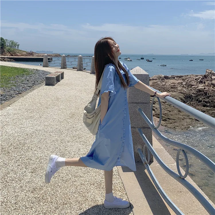 Korean Chic Summer New Sweety Girly Dress Peter Pan Collar Cute Petal Sleeve Single-breasted Solid Dresses Pure Blouses Dress