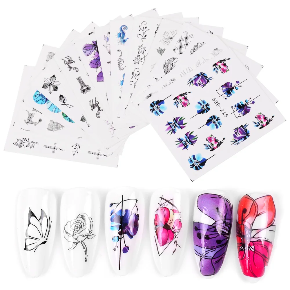 

14 Sheets Nail Water Sticker Violet Flower Diy Designs Nail Sticker Colorful Plant Pattern 3d Manicure Sticker