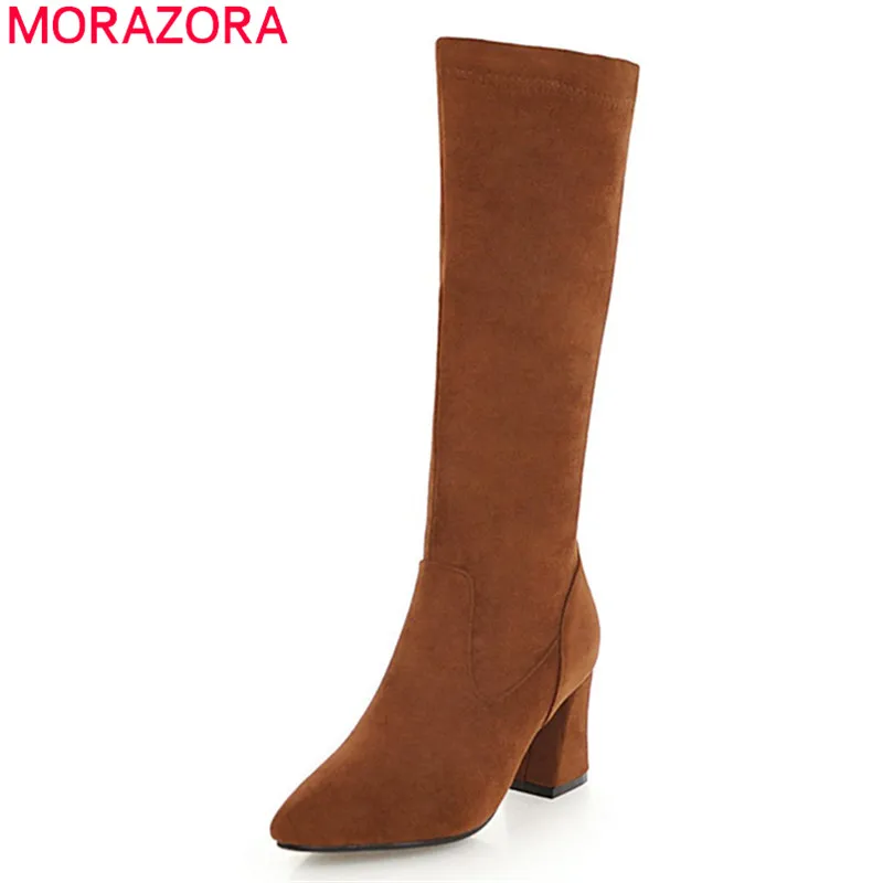 

MORAZORA 2020 big size 34-43 winter knee high boots fashion pointed toe high heels boots solid color flock women boots