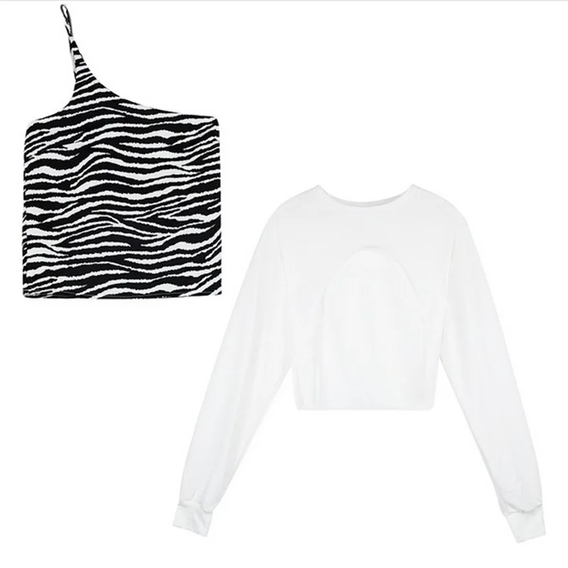 

Sweatshirt Women's Design Sense Layered Wear Hong Kong Style Long-Sleeved Jacket Coat One-Shoulder Zebra Pattern Fashion Halter