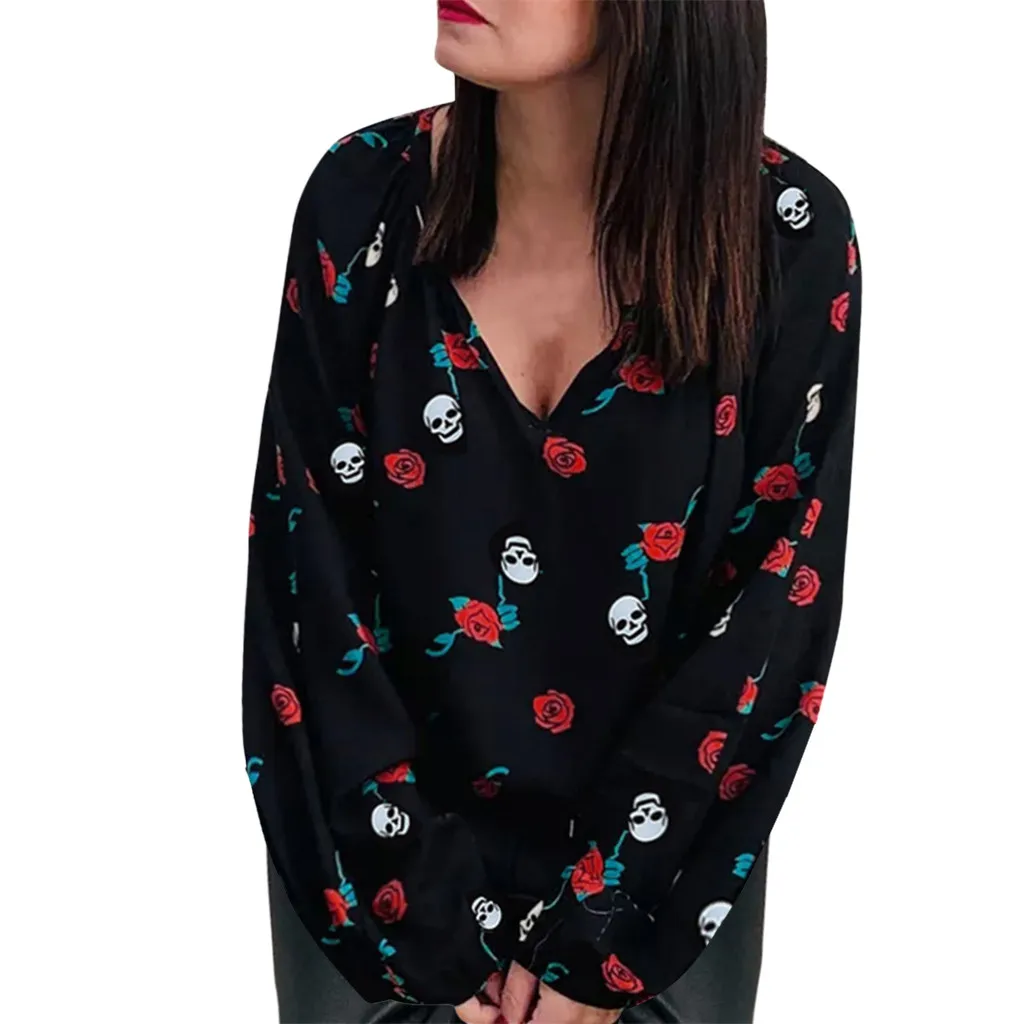 

Women's Skull Print V-neck Long-Sleeved Shirt Blouses And Tops Modis Gothic Streetwear Clothing Blusas Mujer De Moda 2019 #W