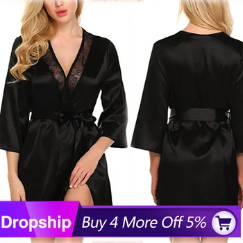

Fashion Women's Autumn Elegant Casual Solid Sexy Lingerie Ladies Night Dress Nine-minute Sleeve Lace Splicing Sleepwear Nuisette