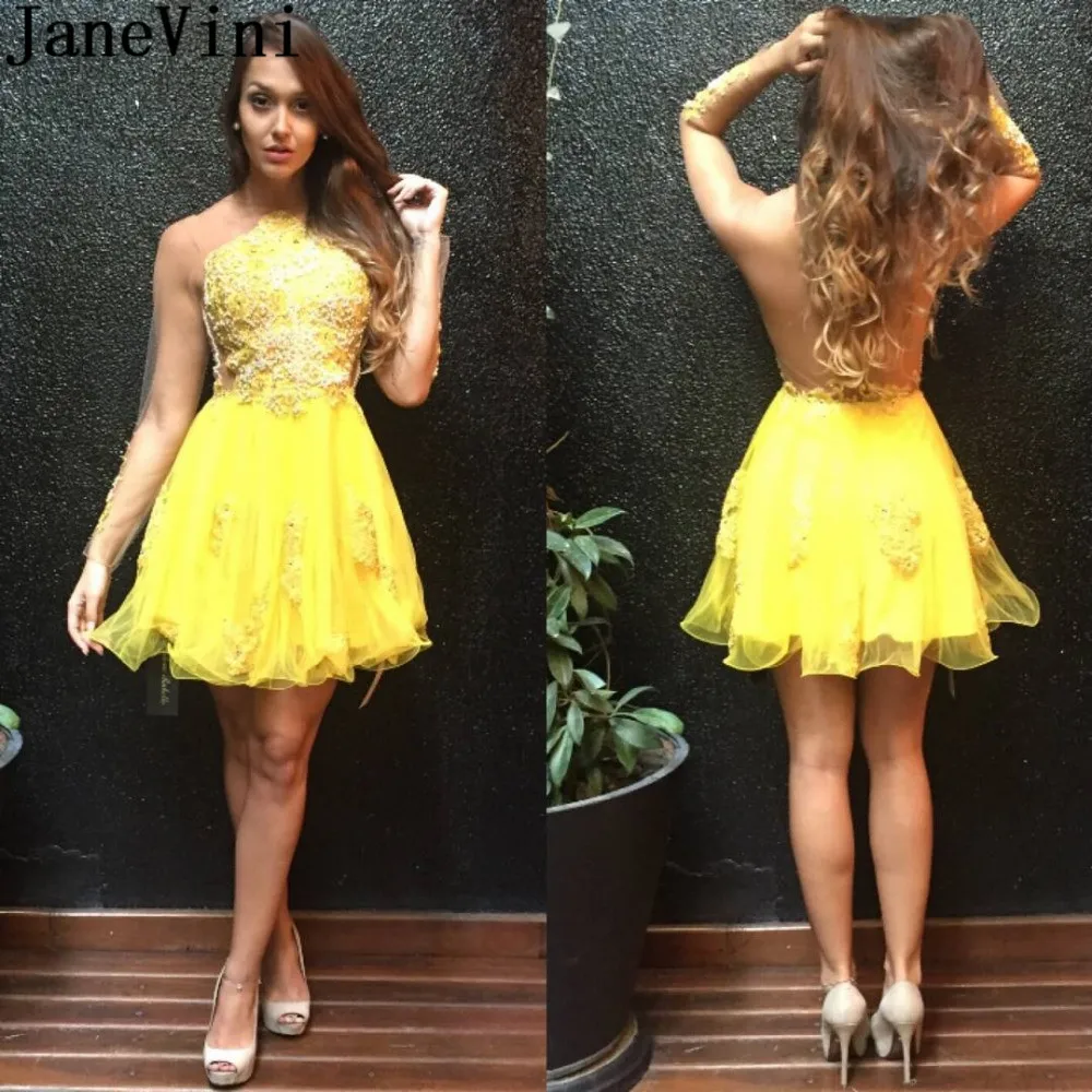 

JaneVini Yellow Ladies Homecoming Dresses See Through Long Sleeve Evening Short Tulle Dress Mini Lace Appliques Beaded Prom Gown