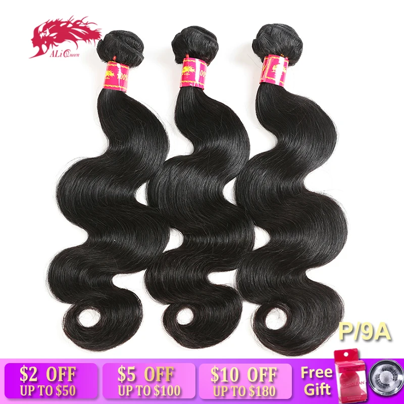 Baratos Pelo de reina de Ali Pro Relación 9A brasileño de la onda del cuerpo de la armadura del pelo de la Virgen mechones Color Natural 10 26 pulgadas 3 uds pelo humano que teje