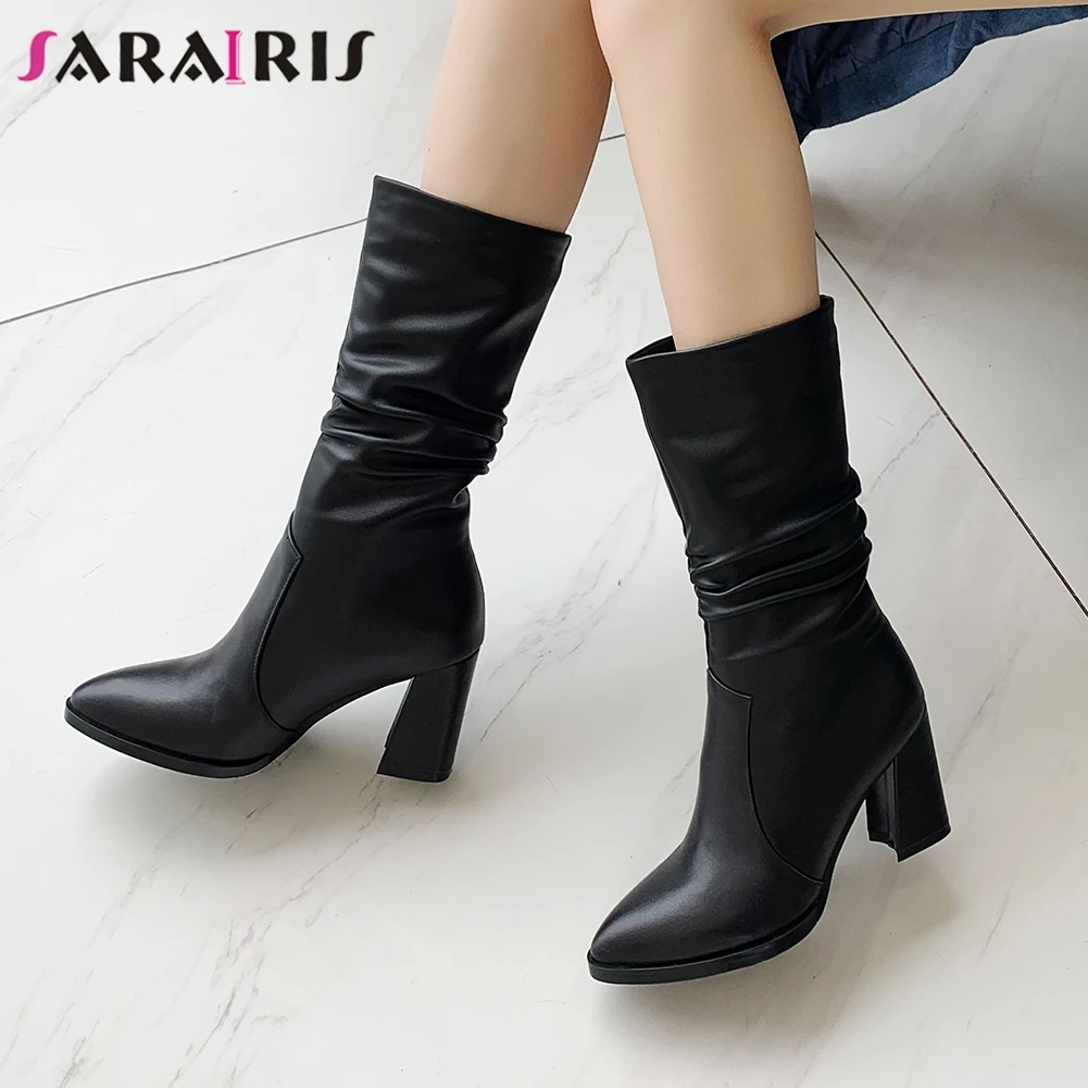 

SARAIRIS Brand Design women's Genuine Leather Ladies High Heels Shoes Woman Pleated Hot Sale Party Ol Mid Calf Boots Women