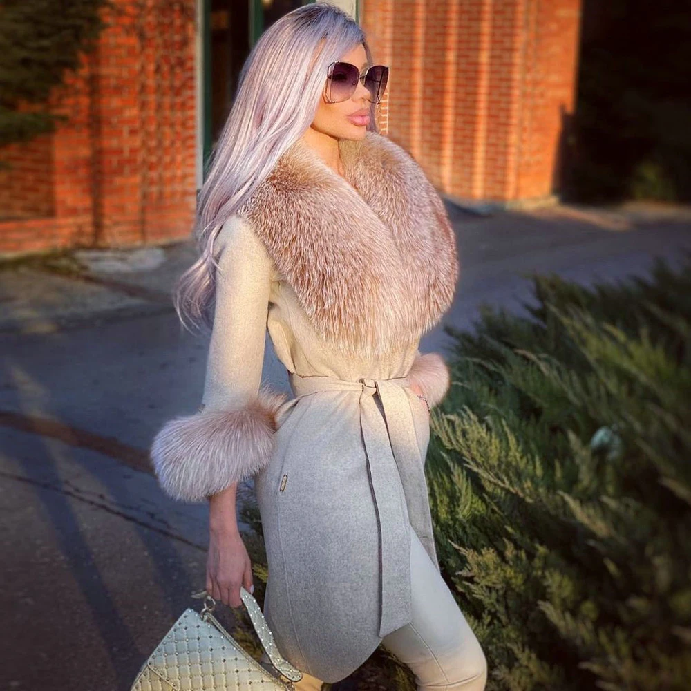 Women Solid Wool Blends Coat with Natural Fox Fur Collar and Sleeve Cuffs Female Casual Winter Real Fox Fur Cashmere Coats 2022