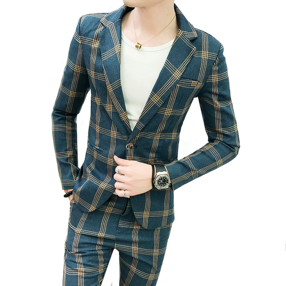 Najtaniej Męskie garnitury Blazers formalne kratę w stylu Vintage garnitury ze spodniami 2 sztuka zestaw brytyjski mężczyzna smokingi Slim Fit biznes na co dzień ślubu pan młody