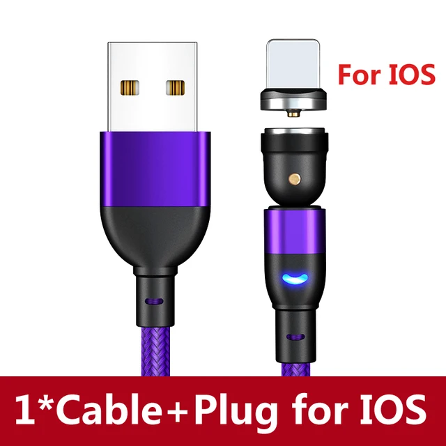 AUFU 540 Degrees Rotating Magnetic Cable Micro USB Type C Phone Cable For iPhone11 Pro XS Max Samsung Xiaomi USB Cord Wire Cable Purple for iPhone