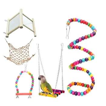 

5Pcs Parrot Cage Toys Hanging Hammock Swing with Mirror Wooden Ladders Climb Net