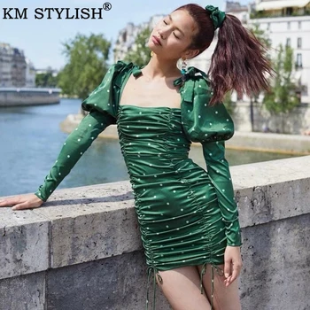 

Women's Retro Bow Green Dress ForLoveLemons 2019 Autumn New Puff Sleeve Square Collar Drawstring Pleated White Polka Dot Dress