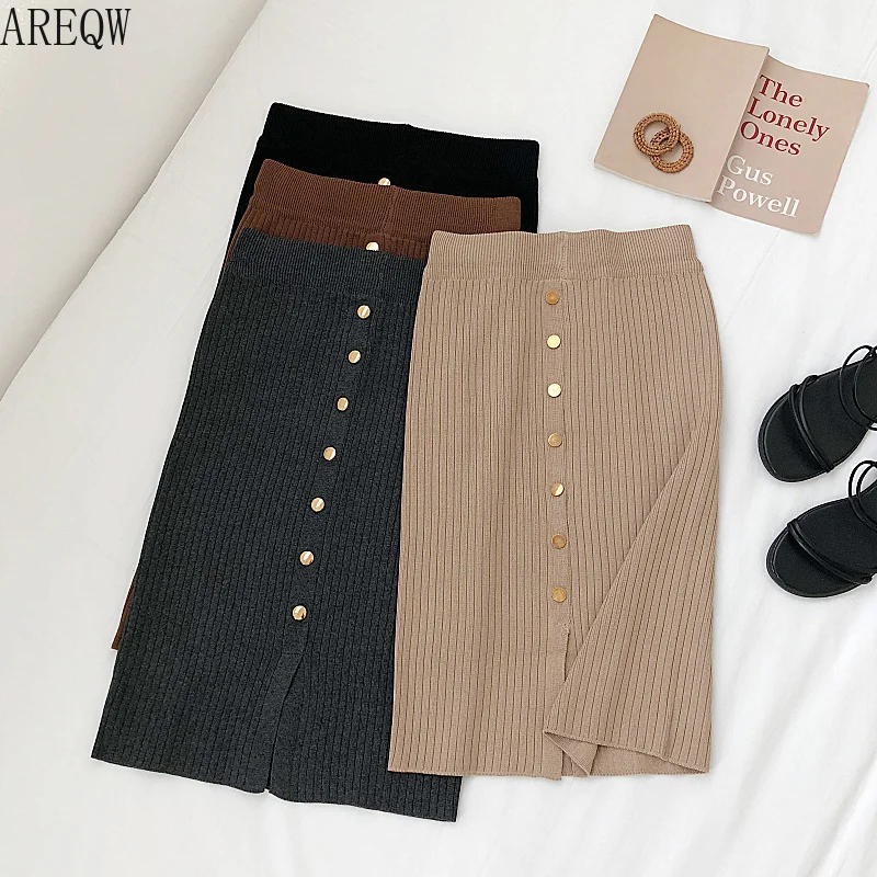 

Button Knit One-step Skirt Women 2019 Autumn Korean Temperament Retro Elastic High Waist Split Hip Skirt Knee-Length