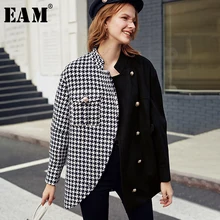 [EAM] свободное черное шерстяное пальто в клетку с разрезом, парки, новинка, длинный рукав, женская мода, Осень-зима, 1K897