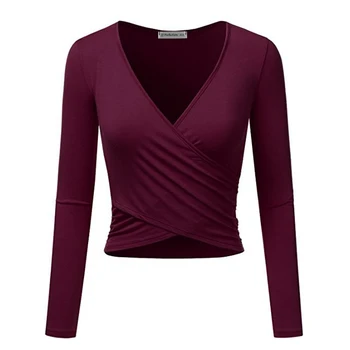 

Women’s Casual Long-sleeves Top Fashion Solid Color Sexy V-neck Cross Slim Fit Pullover T-shirt