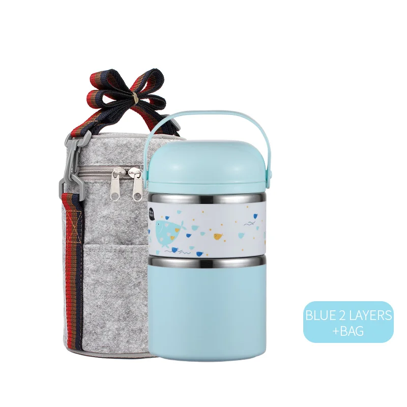 Blue 2 Layer Set WORTHBUY милый японский термальный Ланч-бокс герметичный из нержавеющей стали Bento box детский портативный контейнер для еды для пикника и школы - Цвет: Blue 2 Layer Set