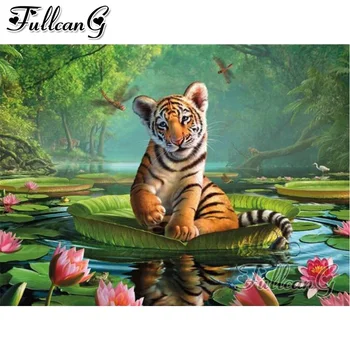 

FULLCANG Lotus pond baby tiger diy full square round diamond embroidery rhinestones painting 5d diamond mazayka animal FC1894