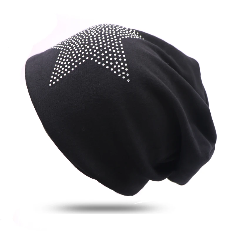 Черный Одноцветная осенне-зимняя теплая шапка Skullies Beanies, блестящая шапка со стразами для мужчин и женщин, мягкая шапка, Модная хлопковая Повседневная Кепка - Цвет: Черный