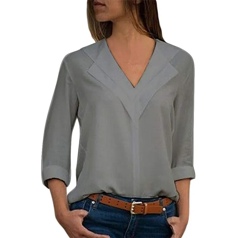 Для женщин шифоновая блузка рубашка однотонная женская блузка блуза с длинным рукавом Для женщин с v-образным вырезом Для женщин топы офисная рубашка женская шифоновая блузка