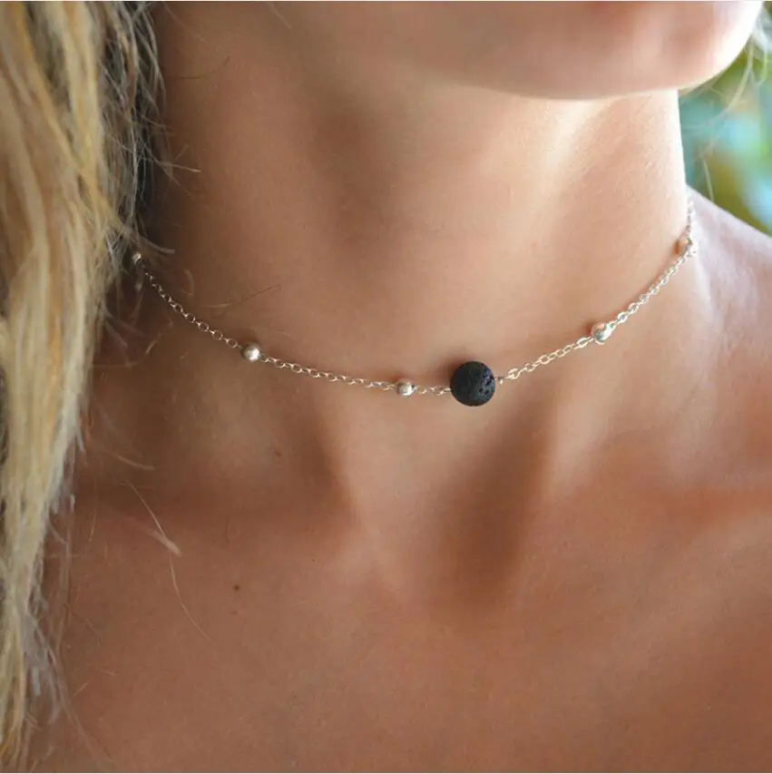 

black Lava Natural stone pendant Bead jewelry aromatherapy essential oil diffuser wholesale S2079