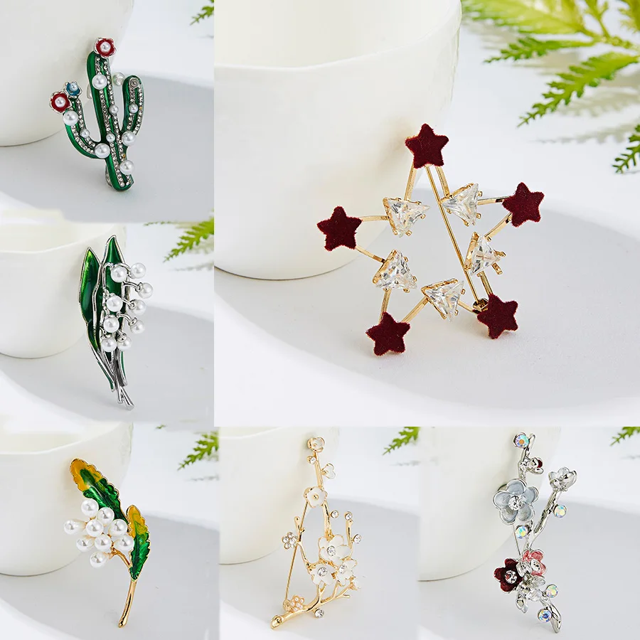 

Enamel Leaf Branch Cactus Flower Star Pearl Painting Oil Plant Brooch for Women New Charms Lapel Pins Party Brooch Jewelry Gifts