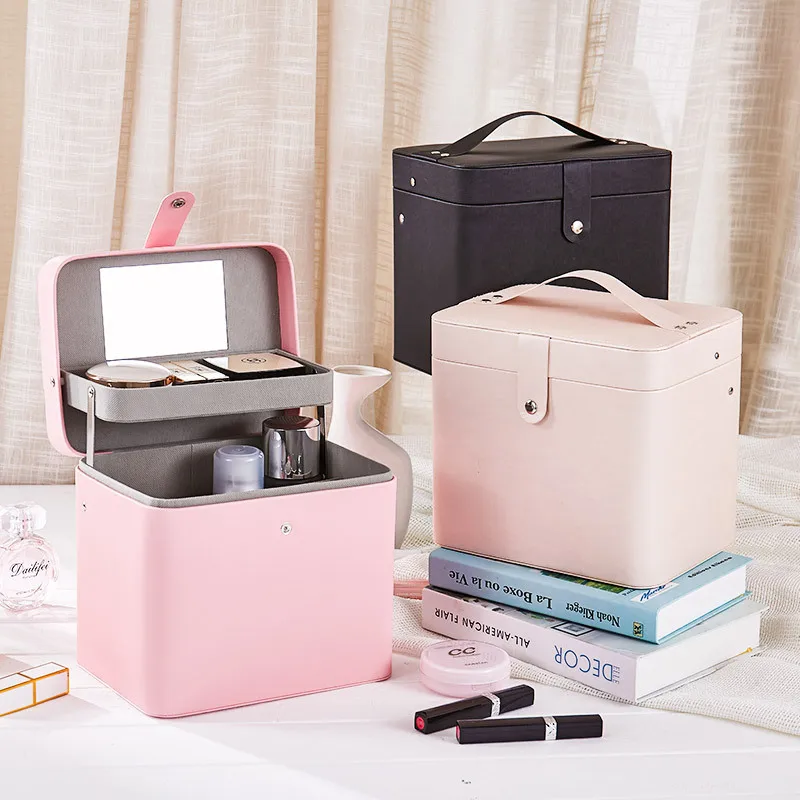 

New Style Korean-style Large Capacity Portable Cosmetic Case Pu Cosmetics Desktop Storage Box with Mirror Cosmetic Box Wholesale