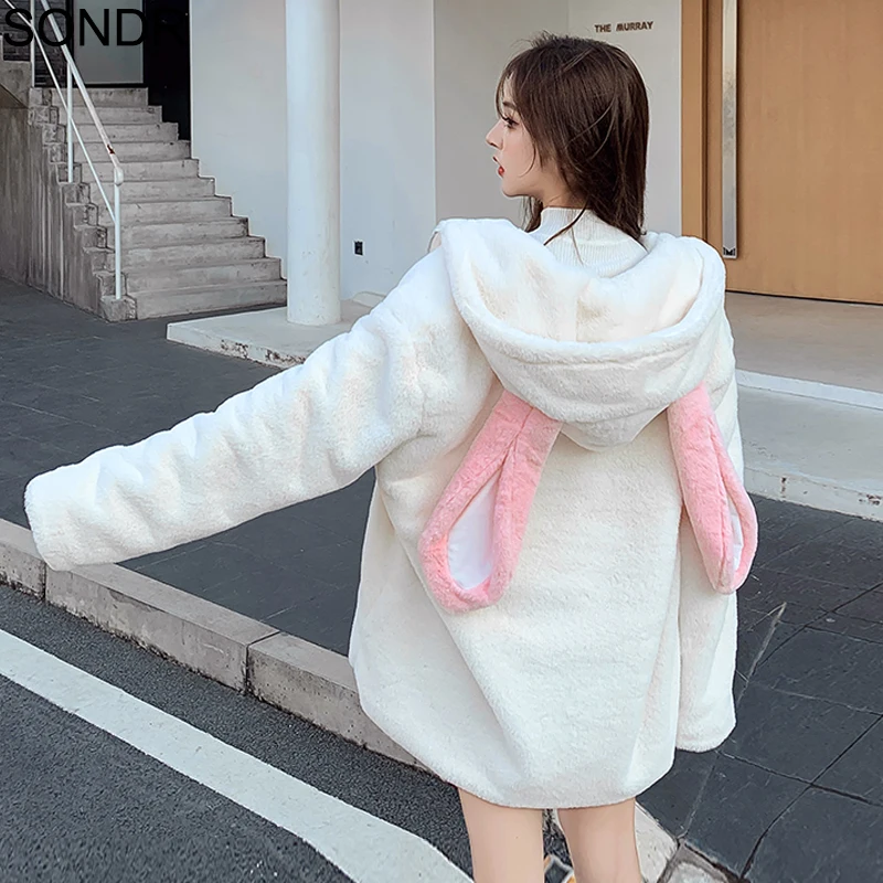 

Sweet Cute Rabbit Ears Hooded Jacket Women Winter Furry Teddy Padded Zipper Lolita Coat Soft Faux Lambswool Cardigan Outerwear