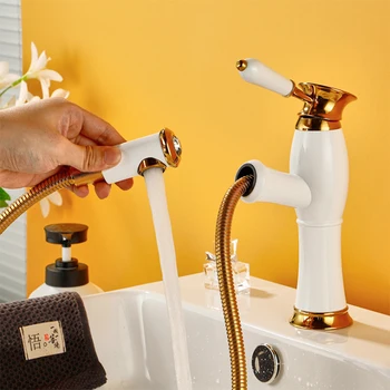 

Pull Out Kitchen Faucet Single Hole Pull Out Spout Kitchen Sink All copper bathroom Hot Cold Water Faucet for Basin DKF002