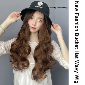

DIANQI 22 Inch 4 Colors Long Curly Wig Hat Embroidered Synthetic Bucket Hat Wig Natural Fake Hair for Woman