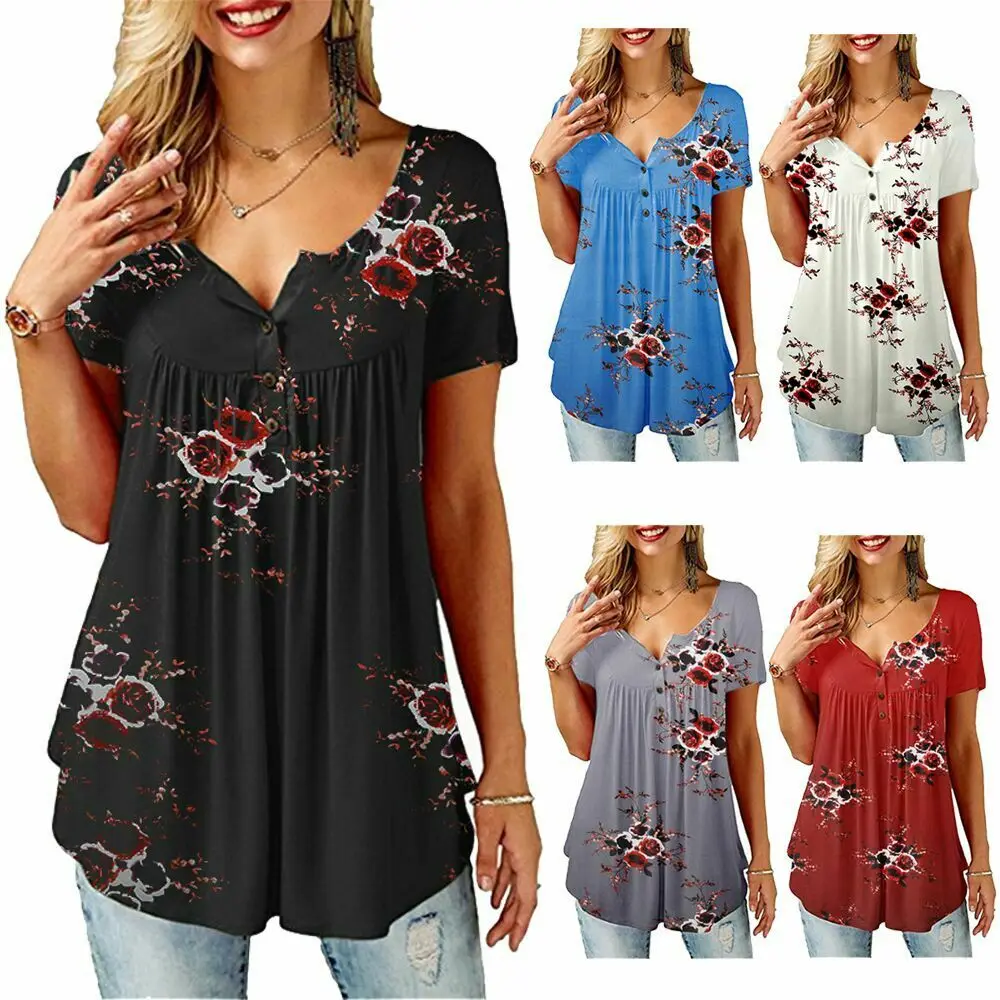 

Fashion Women Summer Casual Floral V Neck Short Sleeve T Shirts Ladies Tops Tee Loose Baggy stretch Tunic Tops Plus Size