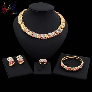 

Yulaili Classic Tricolor Nigeria Wedding Jewelry Sets Crystal Metal Choker Earrings Bracelets Ring Charm Women Party Bijoux