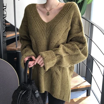 

SHENGPALAE 2020 Korean V-neck Hemp Pattern Hollow-out Large Size Solid Color Split Knitted Sweater For Women Autumn ZT1247