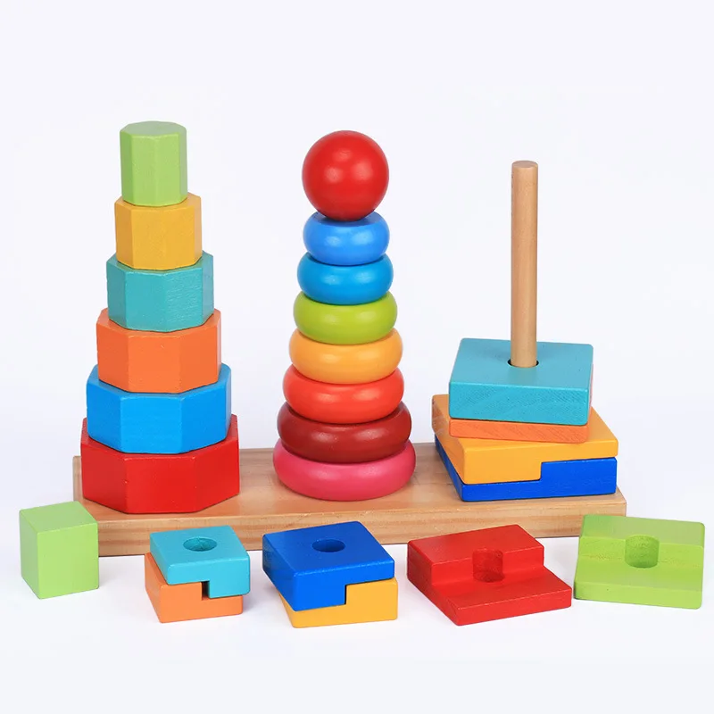 Genuine Product Case Column Toys Towel Toy Three-Column Building Blocks Tower of Hanoi Rainbow Case Circle Children'S Educationa
