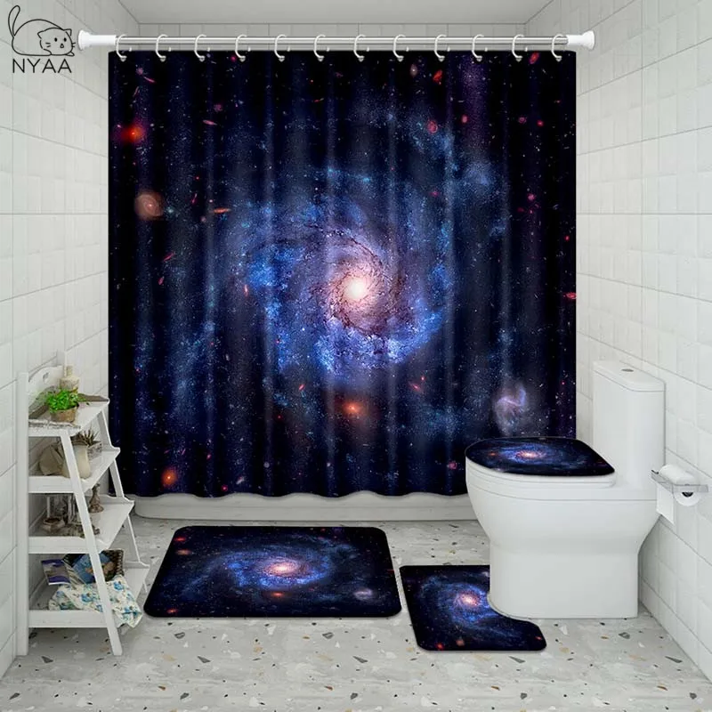 Vixm Galaxy Night Starry Bathroom Waterproof Shower Curtain Set Pedestal Rug Lid Carpet Toilet Cover Bath Mat | Дом и сад