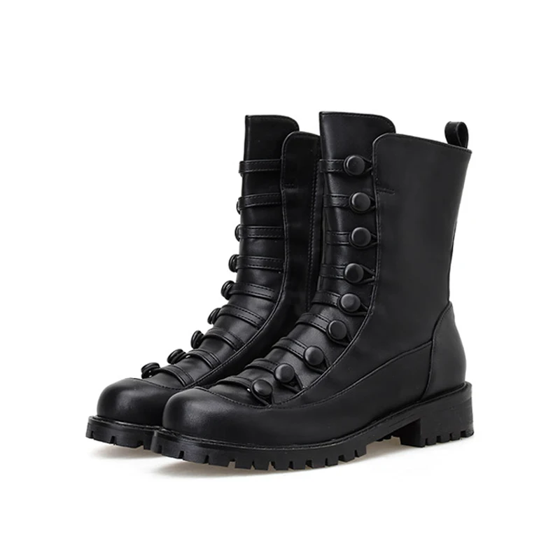 

Martens Boots Woman Winter Shoes Ladies Retro Vintage Motorycycle Booties Button String Round Toe Square Heels Short Bootees