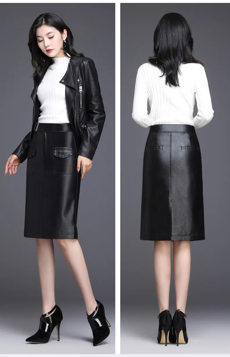 Новая линия Офисная женская элегантная кожаная юбка плюс размер высокая талия до колен юбки сексуальные черные юбки pu женские