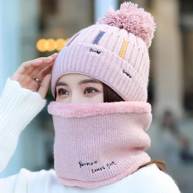 Knitted Hat With Scarf Collars SUOGRY Sets For Women Winter Ladies Hat& Scarf With Pompom Thick Two Piece Keep Snow Warm Set