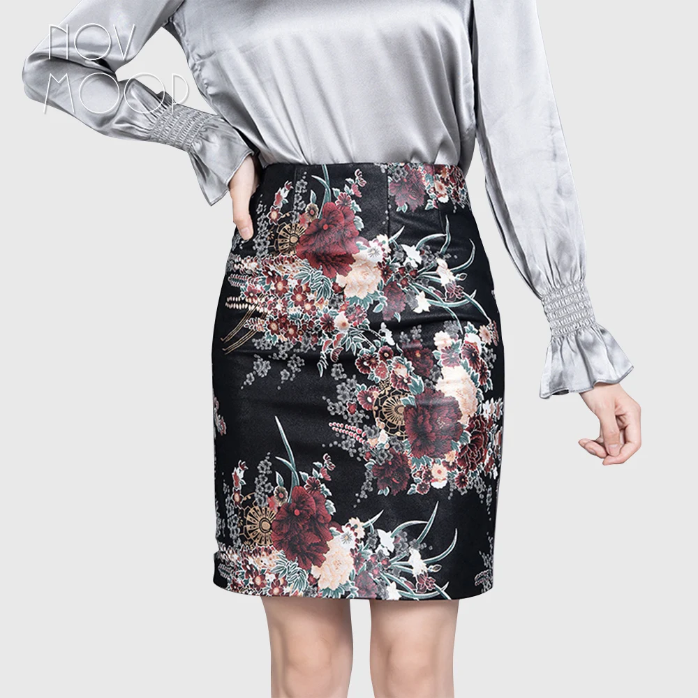 Novmoop офисные женские туфли Осень цветочный принт Высокая талия размера плюс овчины Натуральная кожа бедра юбка jupe femme falda LT2859