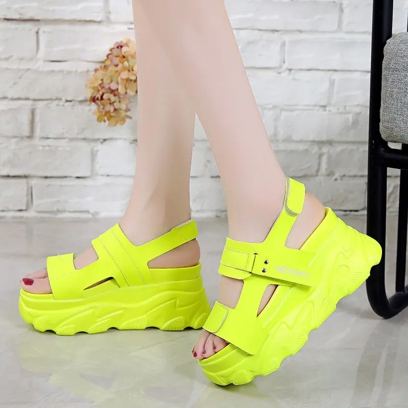

Womens High Platform Wedges Sandals Yellow Green Leather Comfy Leisure Chunky Sandals 2020 Summer Fashion Shoes Femmes Sandales